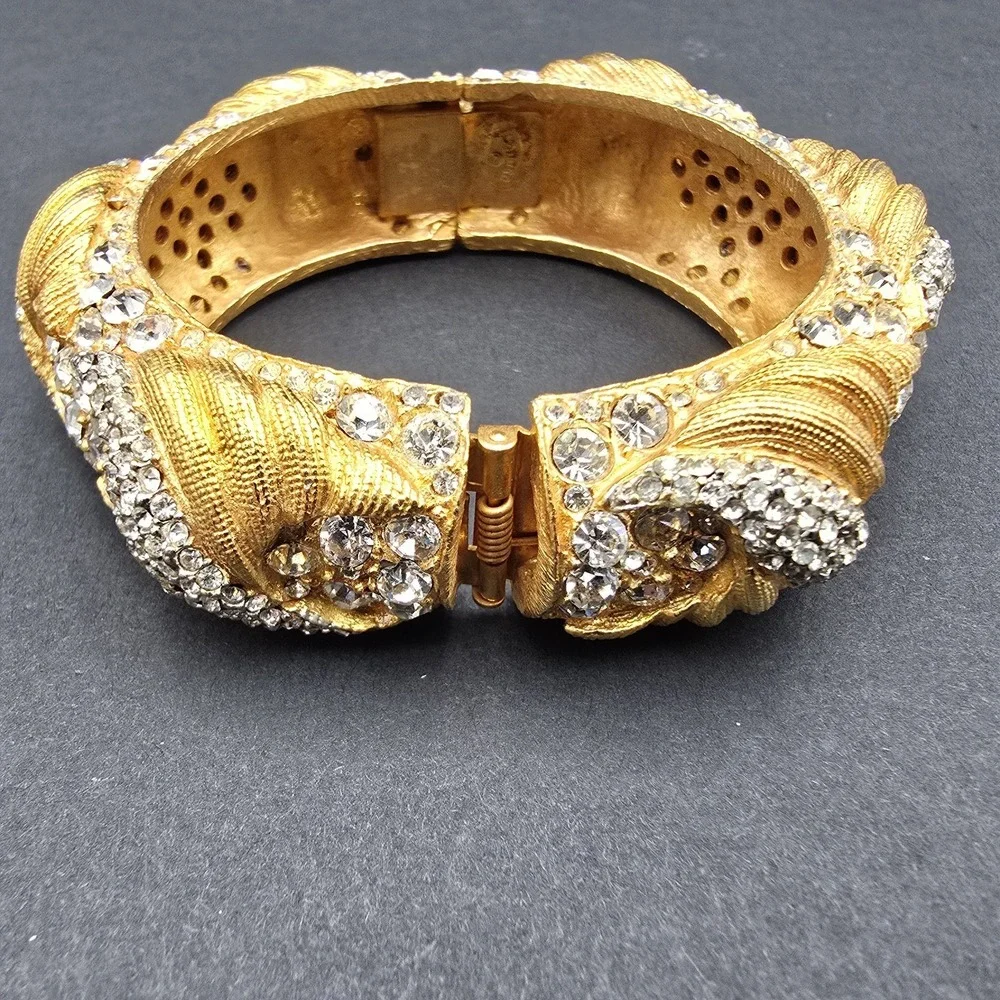 Vintage Cadoro Textured Gold Tone Wide Metal Bangle Bracelet Rhinestone Hinged